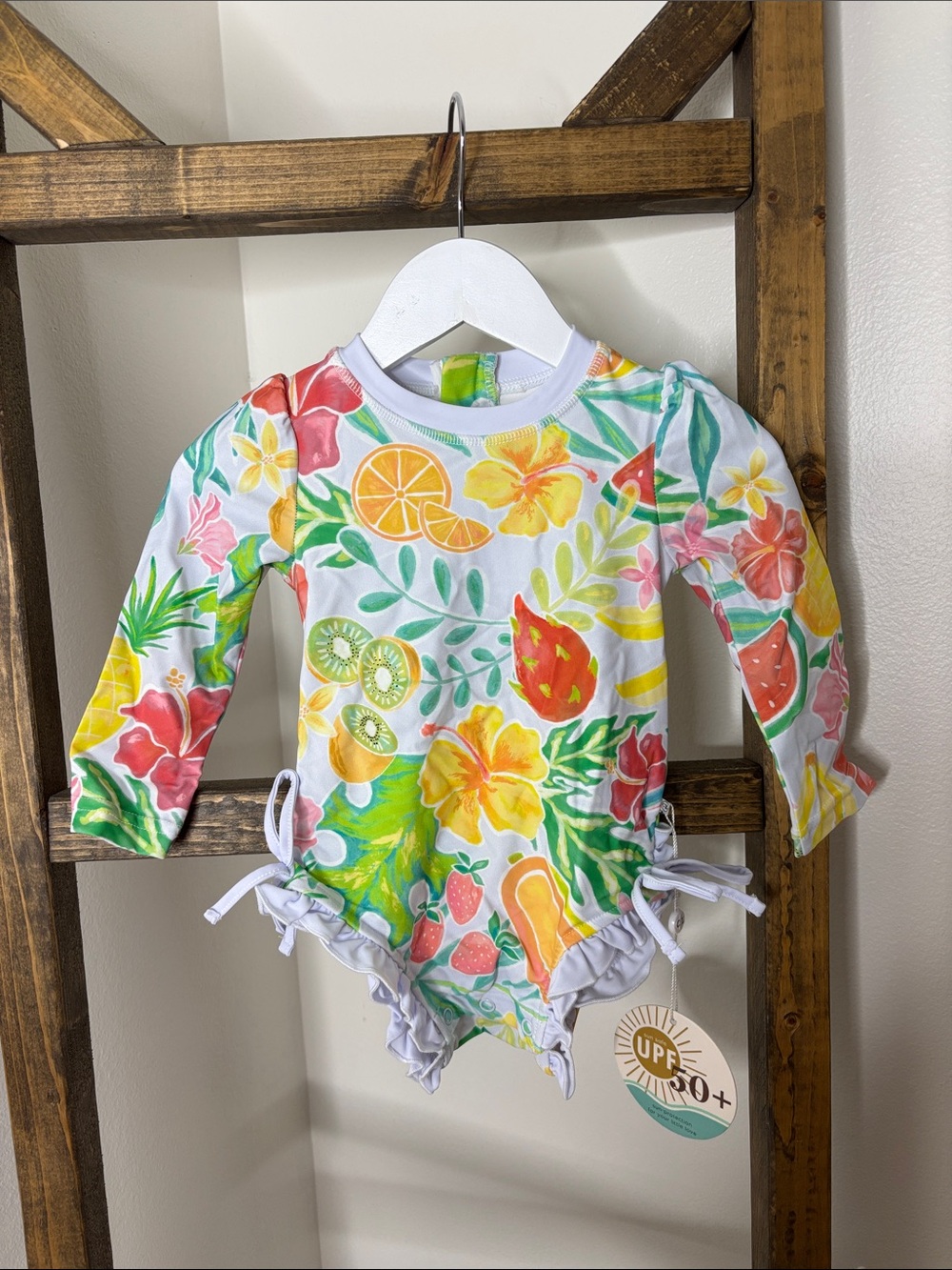 Caden Lane White Multi Tropical Fruit & Floral One-Piece Swimsuit Size 6-12M